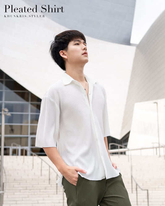 Pleated short sleeve shirt - White